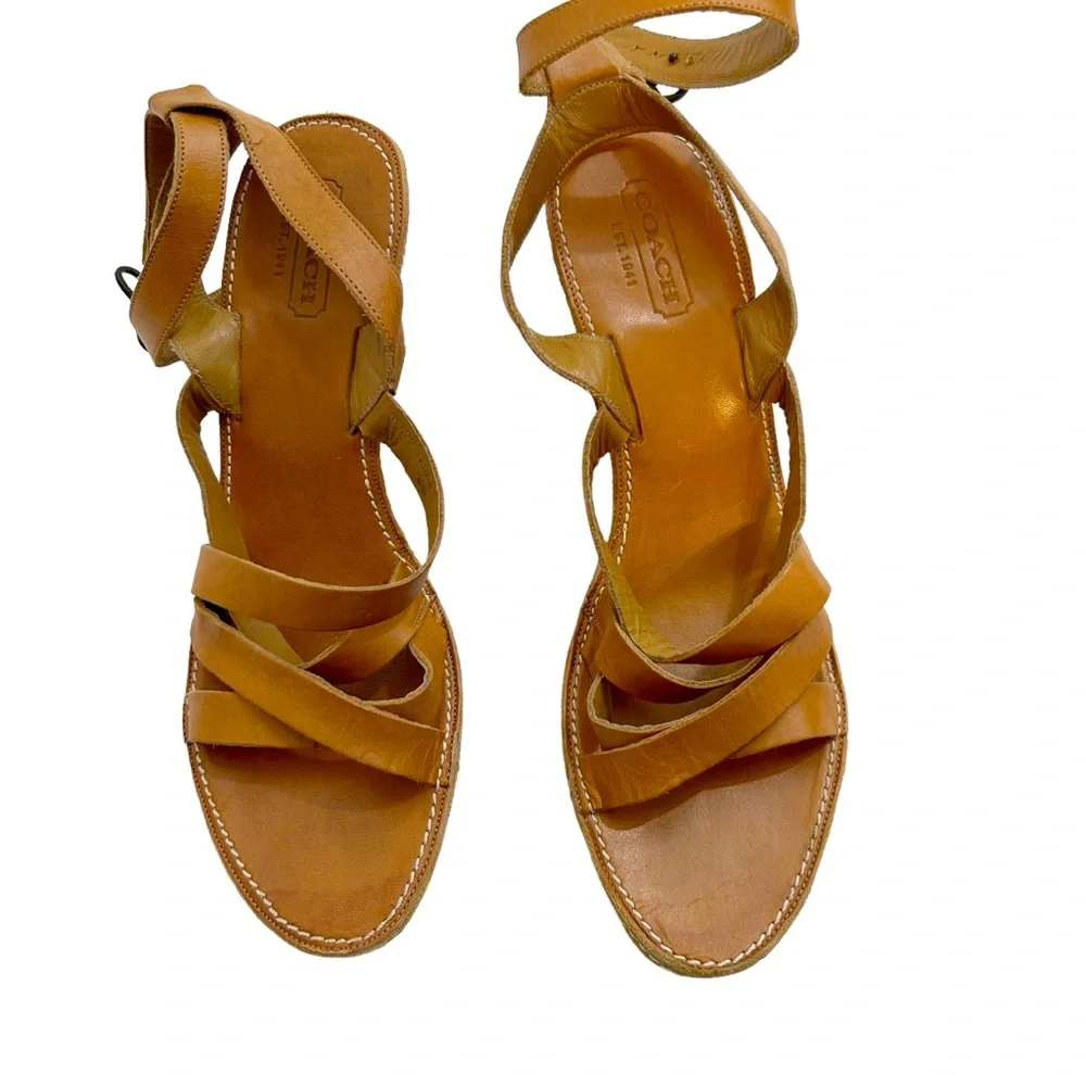 Coach Light Brown Calf Leather Telma Butterfly Adjustable Strap Wedge Sandals,10
